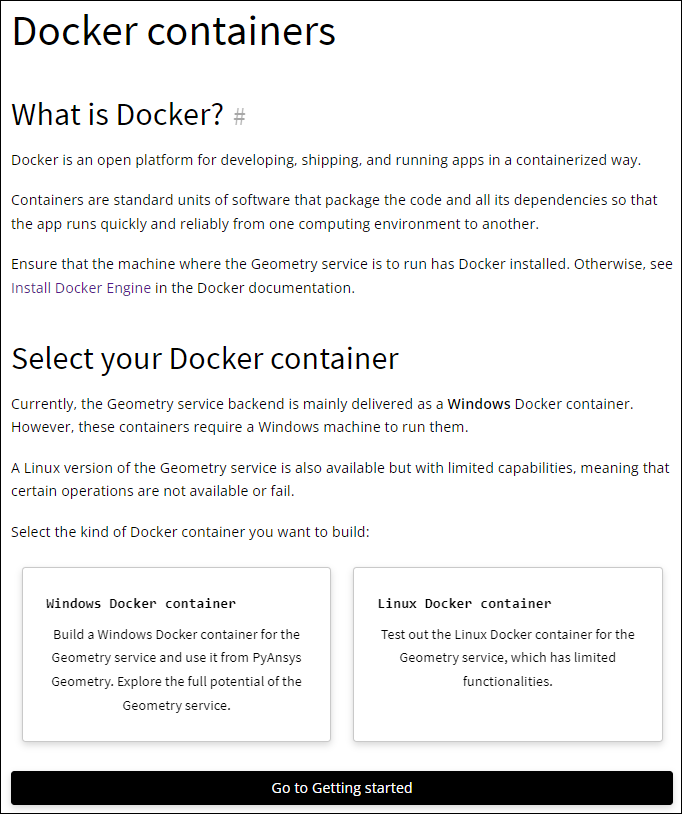 Cards on the Docker containers page in the PyAnsys Geometry documentation