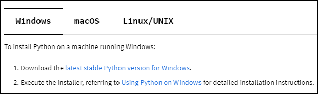 Tab set for installing Python on different operating systems